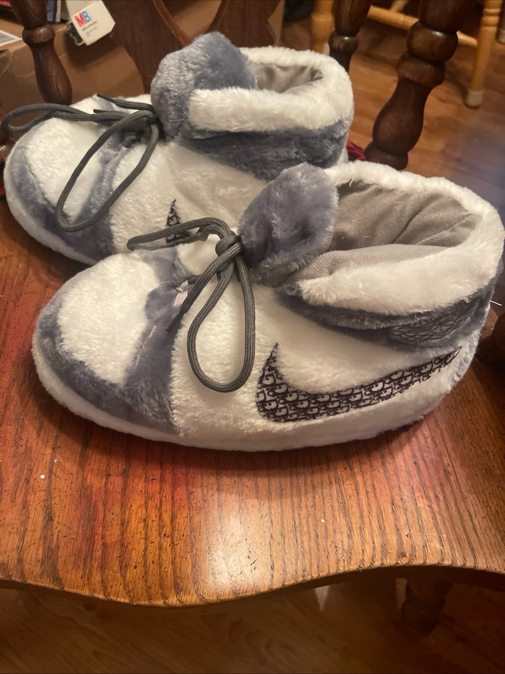 Nike Plush Slip-On Slippers in Grey and White